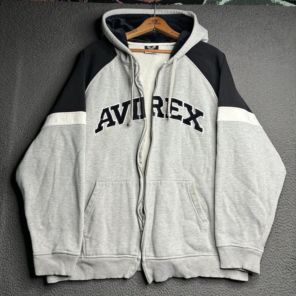 Vintage Avirex Hoodie Mens 2XL Gray Long Sleeve Spell Out Full Zip Y2K